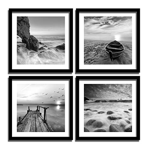 Product Cover ENGLANT-4 Panels Set Framed Canvas Print for Seascape Beach and Boat Sunrise Scenery Black and White Giclee Canvas Print Wall Art Ready to Hang