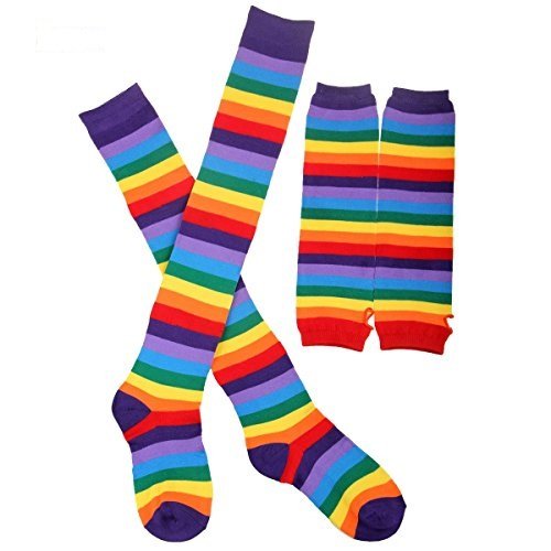 Product Cover Hencu 2 Pairs Colorful Rainbow Stripe Long Knit Gloves Socks Set Party Accessory