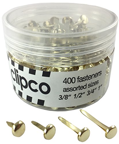Product Cover Clipco Paper Fasteners Jar Assorted Sizes Mini Small Medium and Large Brass-Plated (400-Pack)