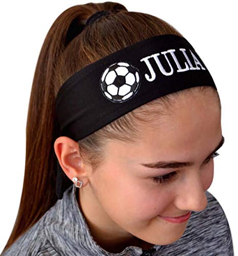Product Cover Funny Girl Designs Soccer Headband Moisture Wicking TIE Back Personalized with The Embroidered Name of Your Choice (Black TIE Back)