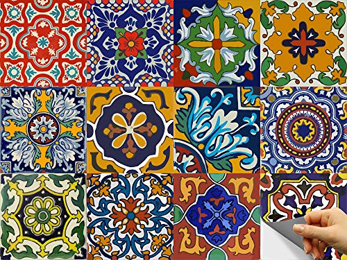 Product Cover Bleucoin Tile Stickers Kitchen Backsplash Bathroom Vinyl Waterproof Peel and Stick Mexican Talavera Tile Decal (24, 4