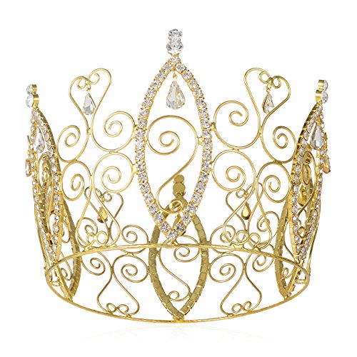 Product Cover DcZeRong Women Birthday Queen Crowns Cake Topper Gold Full Round Princess Costume Prom Tiara Crown Gift Box Packed Amazing Personality Pageant Queen Rhinestone Crown Gold