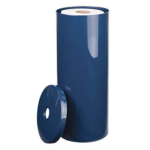 Product Cover mDesign Modern Plastic Toilet Tissue Paper Roll Holder Canister Stand with Lid - Vertical Bathroom Storage for 3 Rolls of Toilet Tissue - Holds Large Mega Rolls - Navy Blue