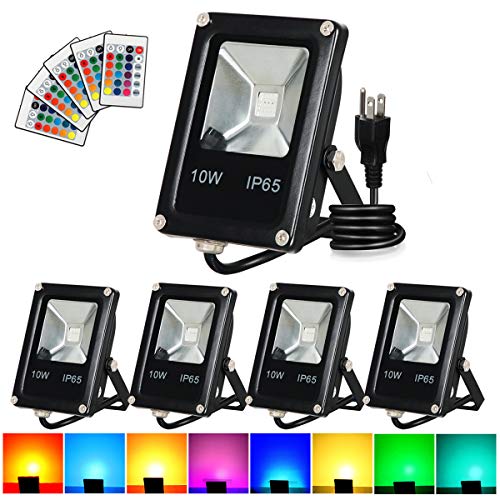 Product Cover T-SUN Led Flood Light,10W RGB Color Changing Waterproof Security Lights, with US Plug, Super Bright Remote Control Outdoor Spotlight, for Garden, Yard, Warehouse Sidewalk,Backyard, Garage (5 Pack)