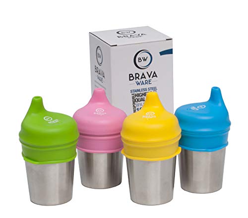 Product Cover BravaWare Stainless Steel Cups and Silicone Sippy Lids for Kids Toddlers Babies Bundle: 4-8oz Cups and 4 Sippy Lids - BPA Free Sippy Cup Set with Safe Rolled Edges