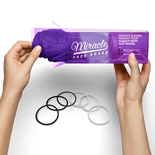 Product Cover 2 Pack Miracle Face Erase Makeup Remover Face Cloths, Chemical-free, Microfiber, Bonus 6 Hair Ties, (Purple)
