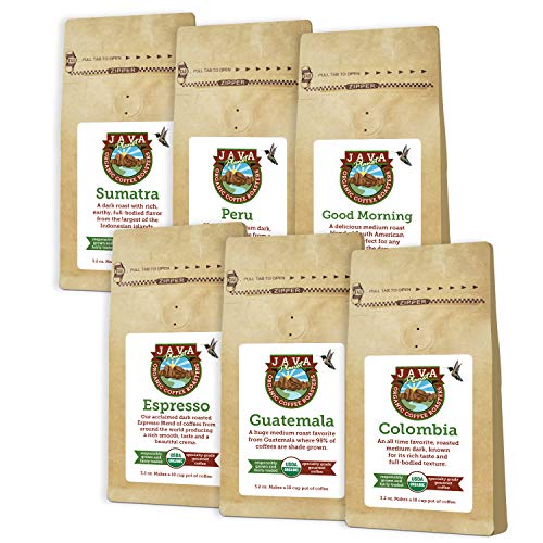 Product Cover Java Planet - Coffee Beans, Organic Coffee Sampler Pack, Whole Bean Variety Pack, Arabica Gourmet Specialty Coffee, 1.32 lbs of coffee packaged in six 3.2 oz bags