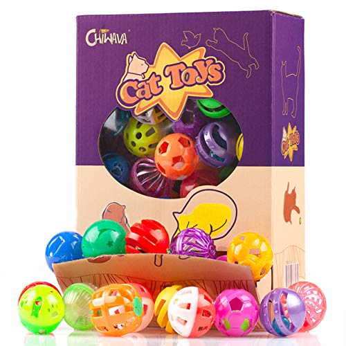 Product Cover Chiwava 48 Pack Plastic Noisy Cat Toy Balls with Bell Kitten Chase Toy 8 Types Assorted Color Size