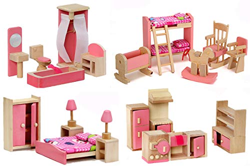 Product Cover Giraffe 4 Set Pink Wooden Dollhouse Furniture, Miniature Bathroom/ Kid Room/ Bedroom/ Kitchen House Furniture Dollhouse Decoration Pretend Play Kids Children Toy
