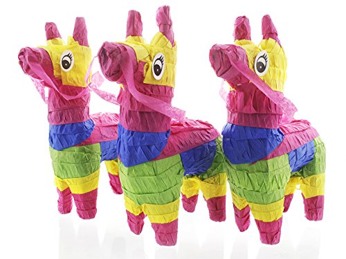 Product Cover Juvale Pack of 3 Miniature Donkey Pinatas - Rainbow Donkey Mini-Sized Mexican Pinatas for Birthday Party, Cinco De Mayo, Fiestas, Celebrations - 4 x 7.5 x 2 inches