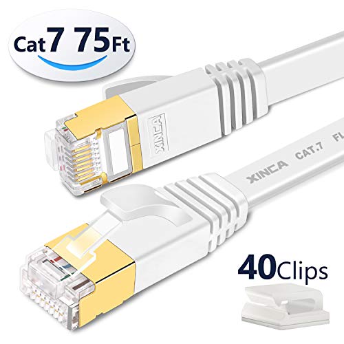 Product Cover Cat 7 Flat Ethernet Cable 75ft White,High Speed 10GB Shielded (STP) LAN Internet Network Cable-XINCA Ethernet Patch Computer Cable with Snagless Rj45 Connectors - 75 feet White (22.8 Meters)