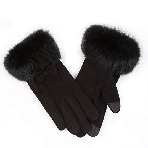 Product Cover APAS Womens Winter Chamois Leather Gloves with Fluffy Rabbit Fur Cuff Splicing Fleece Lining Thermal Screen Touch Gloves
