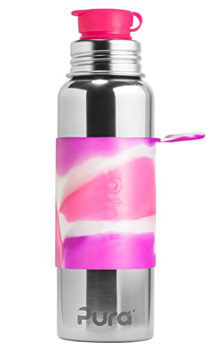 Product Cover Pura Sport 28 oz / 850 ml Stainless Steel Water Bottle with Silicone Sport Flip Cap & Sleeve, Pink Swirl (Plastic Free, NonToxic Certified, BPA Free)