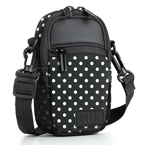 Product Cover USA GEAR Compact Camera Case (Polka Dot) Point and Shoot Camera Bag with Accessory Pockets, Rain Cover and Shoulder Strap-Compatible with Sony CyberShot, Canon PowerShot ELPH, Nikon COOLPIX and More