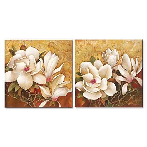Product Cover Pyradecor Magnolia Flowers Modern 2 Piece Stretched and Framed Floral Giclee Canvas Prints Oil Paintings Artwork Style Brown Pictures on Canvas Wall Art for Living Room Bedroom Home Decorations