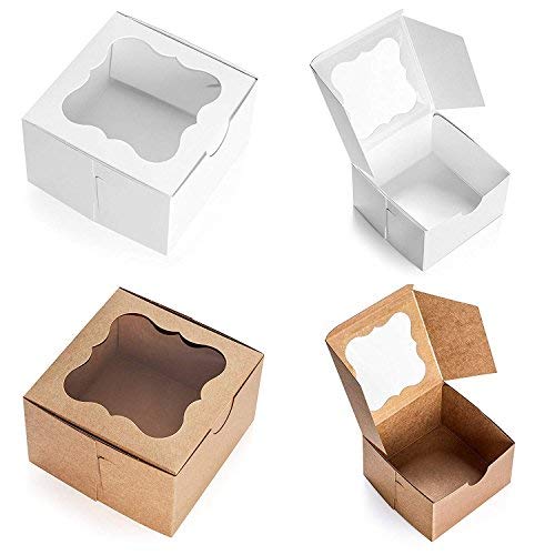 Product Cover California Containers White Bakery Box with Window 4x4x2.5 inch - 25 Pack - Eco-Friendly Paper Board Cardboard Gift Packaging Boxes for Pastries, Cookies, Small Cakes, Pie, Cupcakes, and More - by Cal