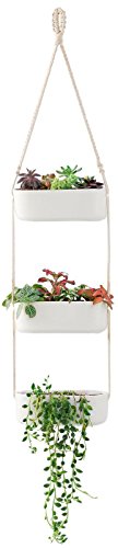 Product Cover Mkono Ceramic Hanging Planter 3 Tier Indoor Wall Plant Holder for Succulent Herb Air Plant Live or Faux Plants Modern Vertical Garden, Rectangular