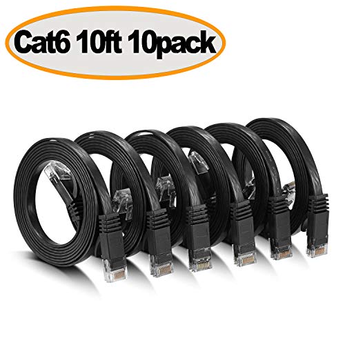 Product Cover Cat 6 Ethernet Cable - Flat Internet Network Cable - Cat6 Ethernet Patch Cable Short - Cat 6 Computer LAN Cable with Snagless RJ45 Connectors (10Ft-10pack-Black)