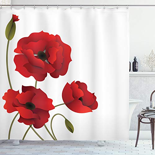 Product Cover Ambesonne Floral Shower Curtain, Poppy Flowers Vivid Petals with Buds Pastoral Purity Mother Earth Nature Design, Cloth Fabric Bathroom Decor Set with Hooks, 70
