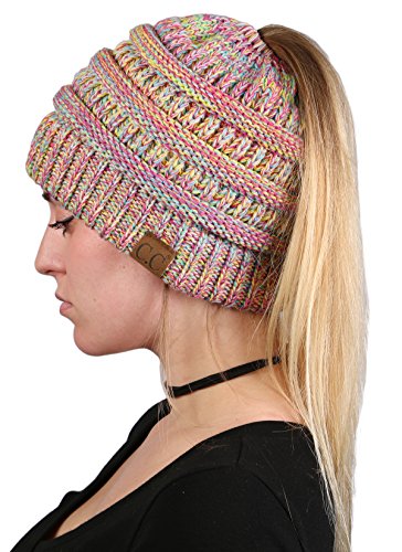 Product Cover Funky Junque Women's Beanie Ponytail Messy Bun BeanieTail Multi Color Ribbed Hat Cap