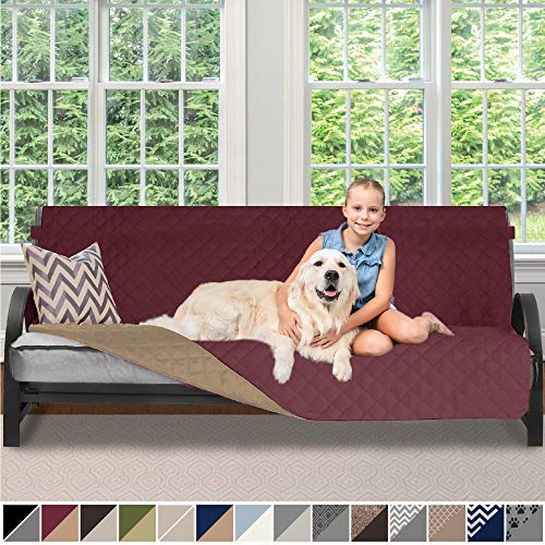 Product Cover Sofa Shield Original Patent Pending Reversible Futon Protector for Seat Width up to 70 Inch, Furniture Slipcover, 2 Inch Strap, Daybed Couch Slip Cover Throw for Pets, Kids, Cats, Futon, Burgundy Tan
