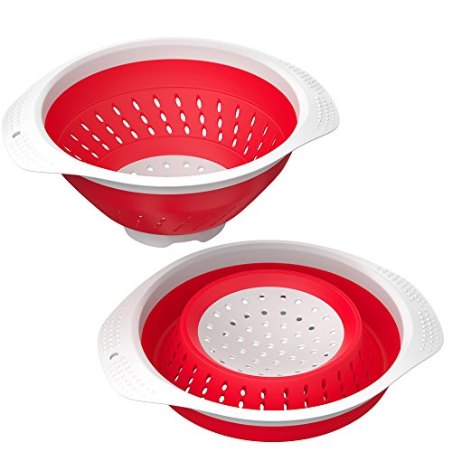 Product Cover Vremi 5 Quart Collapsible Colander - BPA Free Silicone Food Strainer with Plastic Handles - Heavy Duty Foldable Heat Resistant Pasta and Veggies Kitchen Drainer Steam Basket - Dishwasher Safe - Red