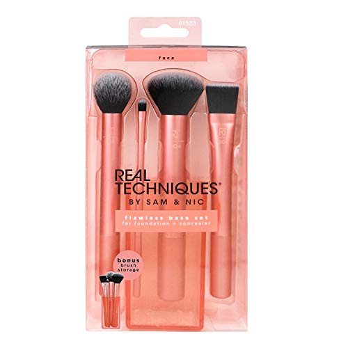 Product Cover Real Techniques Cruelty Free Flawless Base Set, Synthetic Bristles Includes: Contour, Detailer, Buffing & Square Foundation Brushes