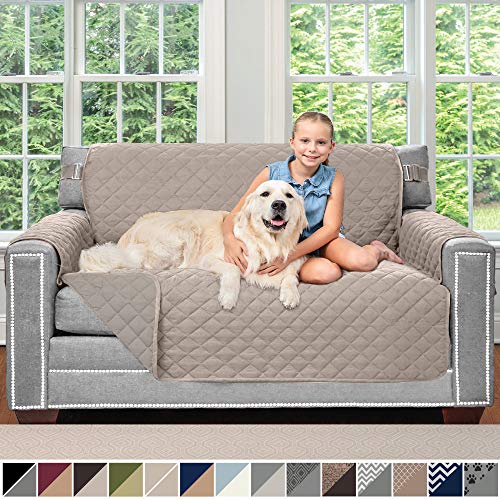 Product Cover Sofa Shield Original Patent Pending Reversible Loveseat Protector for Seat Width up to 54 Inch, Furniture Slipcover, 2 Inch Strap, Couch Slip Cover Throw for Pets, Dogs, Love Seat, Light Taupe