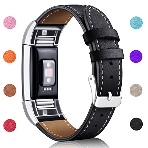 Product Cover Hotodeal Replacement Leather Band Compatible for Fitbit Charge 2, Classic Genuine Leather Wristband Metal Connector Watch Bands, Fitness Strap Women Men Small Large (Black- Silver Buckle)