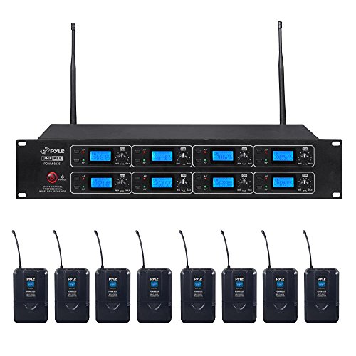 Product Cover Pyle Professional 8 Channel UHF Wireless Microphone & Receiver System 8 Belt Pack Transmitters 8 Headsets & 8 Lavalier Lapel Mics RF & AF Radio/Audio Frequency Digital Display (PDWM8275)