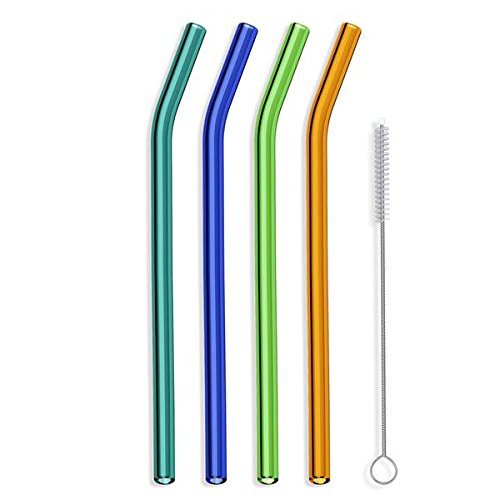 Product Cover Hummingbird Glass Straws 9 inches x 9.5mm Bent Havana Heat 4 pack of Teal, Ocean Blue, Lime, and Mango - Made With Pride in USA
