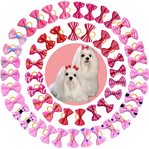 Product Cover yagopet 50pcs/25 Pairs New Dog Hair Bows Red Rose Pink for Girls Dog Topknot with Rubber Bands Durable Small Bowknot Pet Grooming Products Accessories