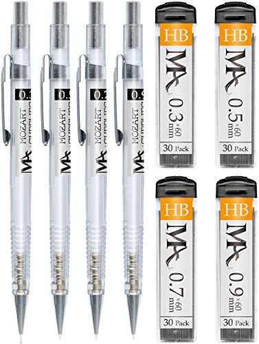 Product Cover Essential Mechanical Pencil Set - 4 Sizes: 0.3, 0.5, 0.7 & 0.9mm plus HB Lead & Eraser Refills - Drafting, Sketching, Illustrations, Engineering, Architecture, Writing & School Work - MozArt Supplies