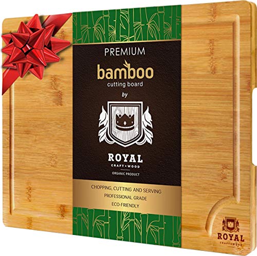 Product Cover EXTRA LARGE Organic Bamboo Cutting Board with Juice Groove - Best Kitchen Chopping Board for Meat (Butcher Block) Cheese and Vegetables | Anti Microbial Heavy Duty Serving Tray w/Handles - 18 x 12