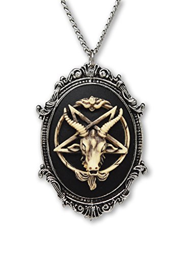 Product Cover Antiqued Goat Head Satanic Baphomet Cameo Bone on Black in Silver Finish Frame Pendant Necklace