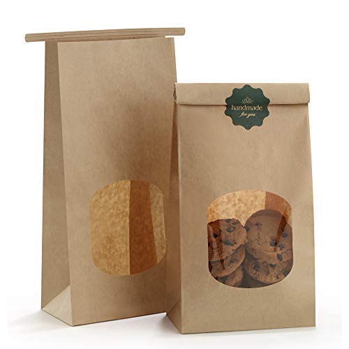 Product Cover BagDream Bakery Bags with Window Kraft Paper Bags 100pcs 4.5x2.36x9.6 Inches Tin Tie Tab Lock Bags Brown Window Bags Cookie Bags, Coffee Bags