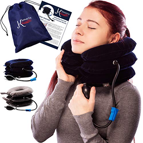 Product Cover Pinched Nerve Neck Stretcher Cervical Traction Device for Home Pain Treatment | Inflatable Spinal Decompression Collar Unit Muscle Strain Injury Relief | Herniated Disc Problems Remedy Kit (Blue)