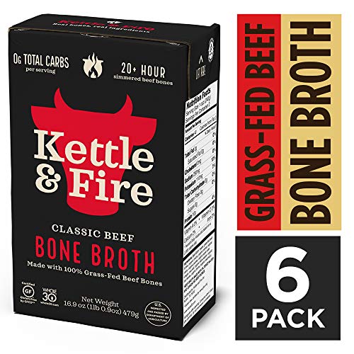 Product Cover Beef Bone Broth Soup by Kettle and Fire, Pack of 6, Keto Diet, Paleo Friendly, Whole 30 Approved, Gluten Free, with Collagen, 10g of protein, 16.9 fl oz (Packaging May Vary)