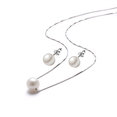Product Cover Bridesmaids Pearl Necklaces Pendant Stud Earrings Set White Single faux Pearl 925 Sterling Silver Necklace for Women Girls Chain,18''