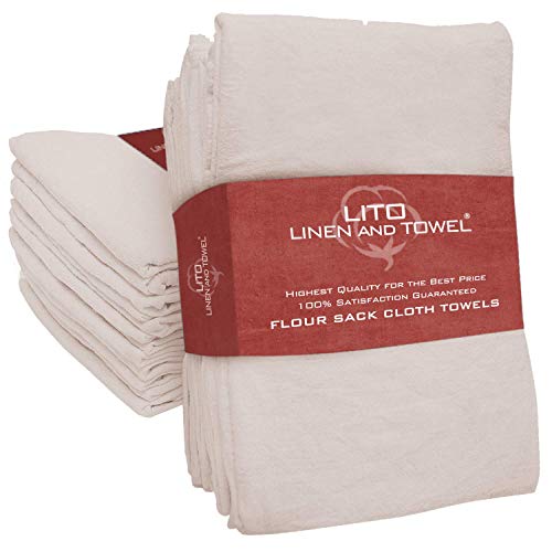 Product Cover Linen and Towel 12 Pack Premium Flour-Sack Towels, 28 Inch x 28 Inch Natural, Ring Spun Cotton, 130 Thread Count Multi-purpose Kitchen Napkin, Highly Absorbent Flour-Sack Dish Towels
