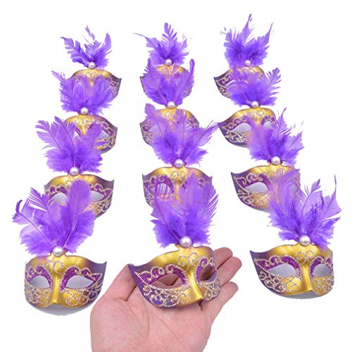 Product Cover Yiseng 12pcs Luxury Pearl Feather Mini Masks Venetian Masquerade Party Decoration Novelty Gifts (Purple)