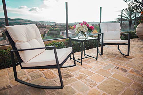 Product Cover SUNCROWN Outdoor 3-Piece Rocking Bistro Set: Black Wicker Furniture-Two Chairs with Glass Coffee Table (Beige Cushion)