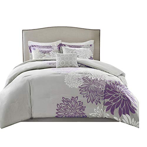 Product Cover Comfort Spaces Enya 5 Piece Comforter Set Ultra Soft Hypoallergenic Microfiber Floral Print Bedding, Full/Queen, Purple/Grey