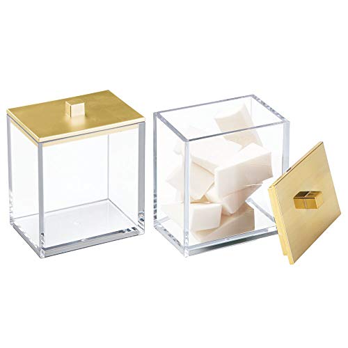 Product Cover mDesign Modern Square Bathroom Vanity Countertop Storage Organizer Canister Jar for Cotton Swabs, Rounds, Balls, Makeup Sponges, Bath Salts - 2 Pack - Clear/Gold