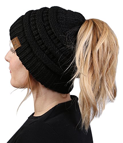 Product Cover Funky Junque Ponytail Messy Bun BeanieTail Women's Beanie Solid Ribbed Hat Cap