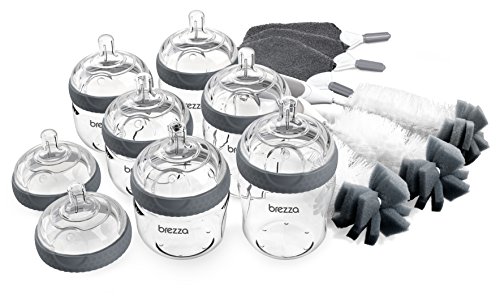 Product Cover Baby Brezza Glass Baby Bottle Starter Gift Set - 6 Bottles and 8 Nipples Plus Bottle Brush and Cleaning Cloths - Kit is Great for Newborns and Infants - Borosilicate Glass Bottles