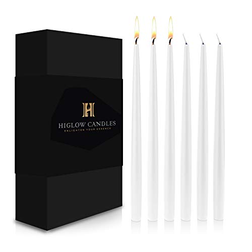Product Cover Higlow White Long Household Taper Candles 6.5 Long Burning Hours - Smokeless 8-inch Tall Burning Candles for Wedding, Holiday, Ceremonies and Home Decoration - Pack of 12 Dinner Dripless Candles