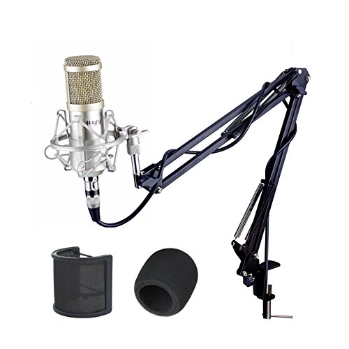 Product Cover Mugig Condenser Microphone with Microphone Scissor Arm Stand/3.5mm XLR Cable/Shock Mount/Pop Filter for Professional Studio Recording Podcasting Broadcasting, Recording, Singing, Games