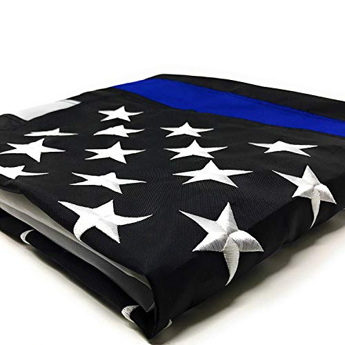 Product Cover Thin Blue Line Flag 3x5 ft with Embroidered Stars - Sewn Stripes - Brass Grommets - UV Protection - Black White and Blue American Police Flag Honoring Law Enforcement Officers