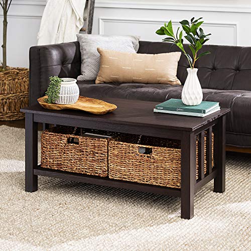 Product Cover Walker Edison Furniture Company AZ40MSTES Rustic Wood Rectangle Coffee Accent Table Storage Baskets Living Room, 40 Inch, Espresso